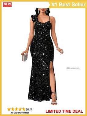Sequin One Shoulder High Split Ruffled Hem Mermaid Maxi Formal Evening Dress